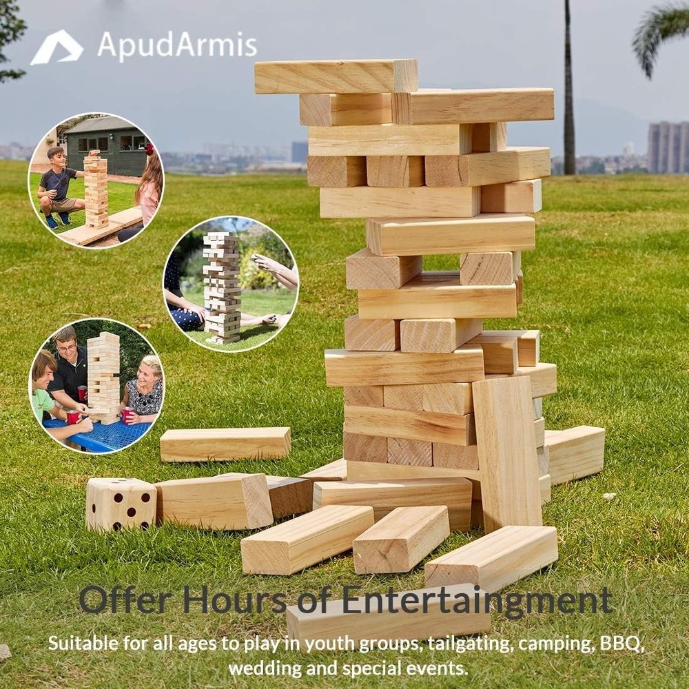 Giant Tumble Tower Stack from 2Ft to Over 4.2Ft, 54 PCS Pine Wooden Stacking ...