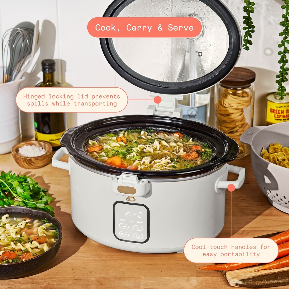 Beautiful 4 Qt Digital Slow Cooker with Hinged Locking Lid, White Icing