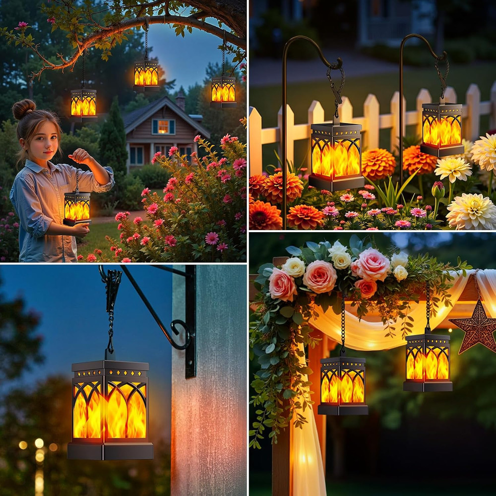 4 Pack Solar Lanterns Outdoor Waterproof, Upgraded Flickering Flame Modes + Cons