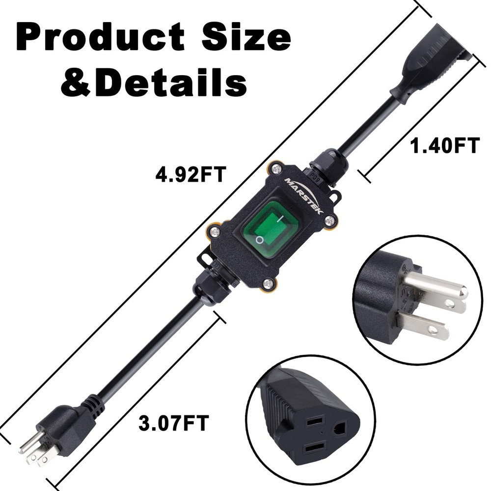 5Ft Heavy Duty Waterproof Extension Cord with On/Off SwitchInline Cord Switch...