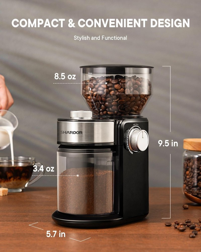 Durable Black Electric Coffee Grinder - 16 Adjustable Settings, Removable Burr