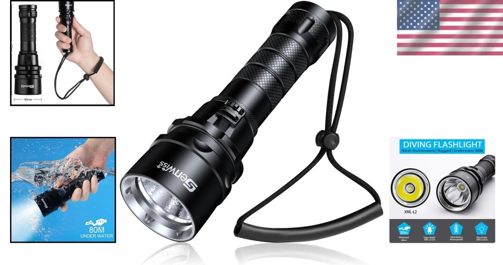2000 Lumen Waterproof Dive Torch with Charger