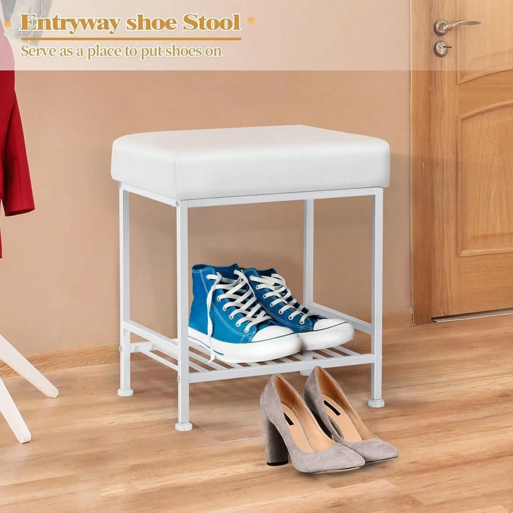 Storage Vanity Stool - Adjustable Square Ottoman With Leather, White