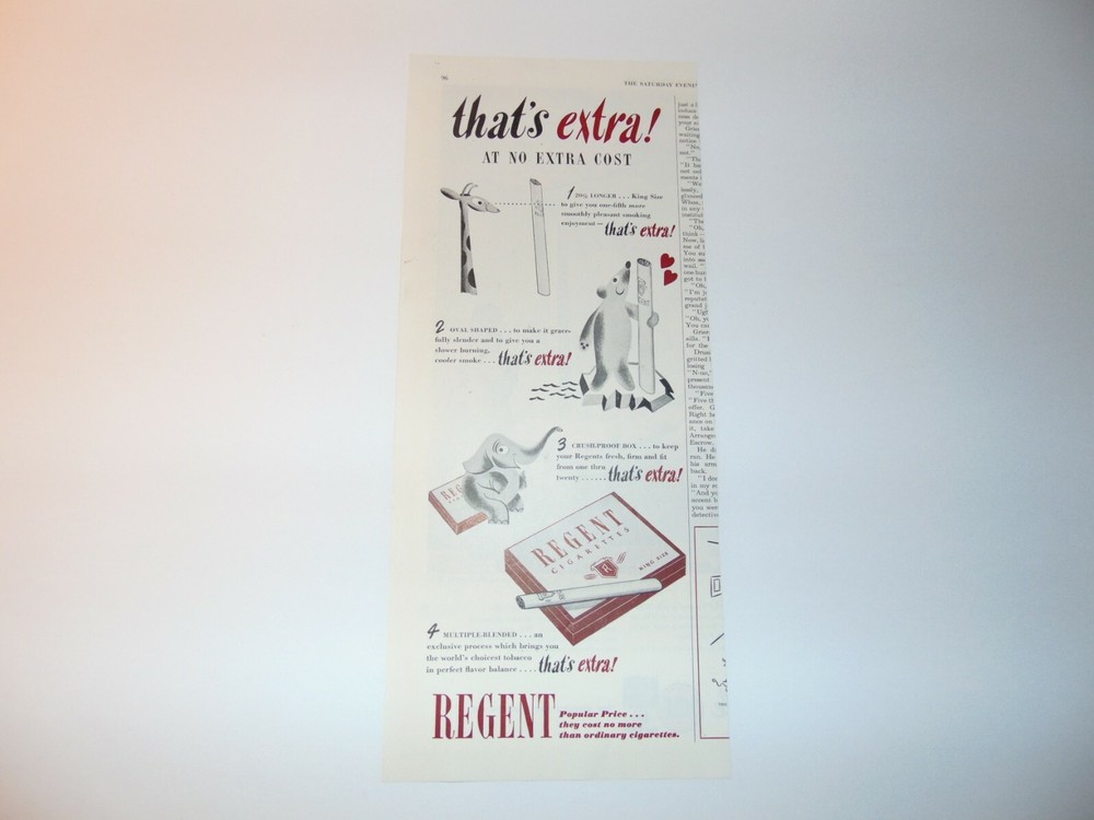 1948 REGENT CIGARETTES 20% Longer! art print ad