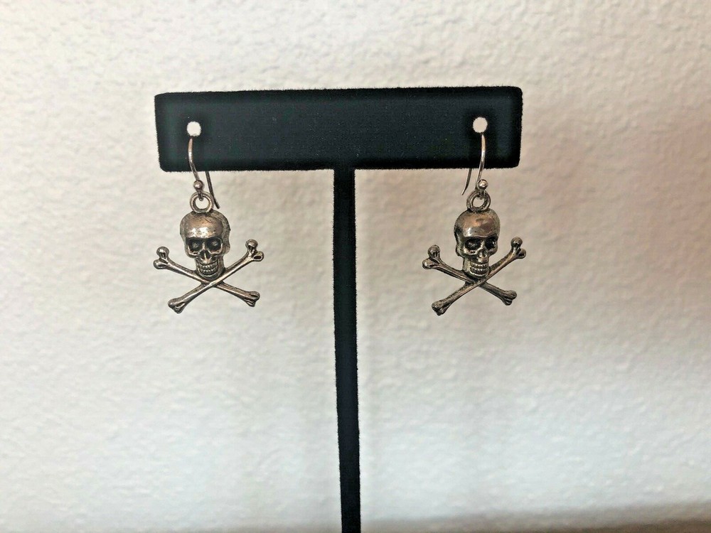 Skeleton skull bone pierced ear drop silver - tone silver plated post earrings