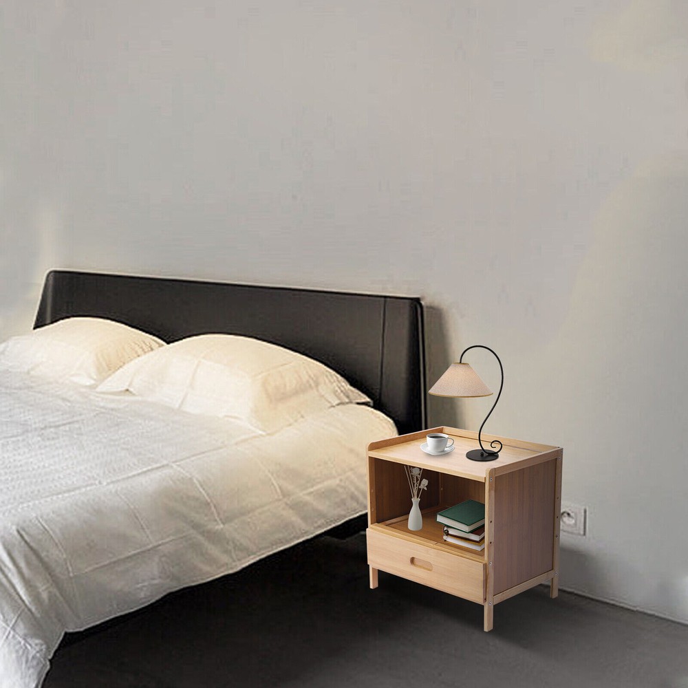 Bedroom Storage Organizer Side Table Bamboo Bedside Nightstand End Table+Drawer