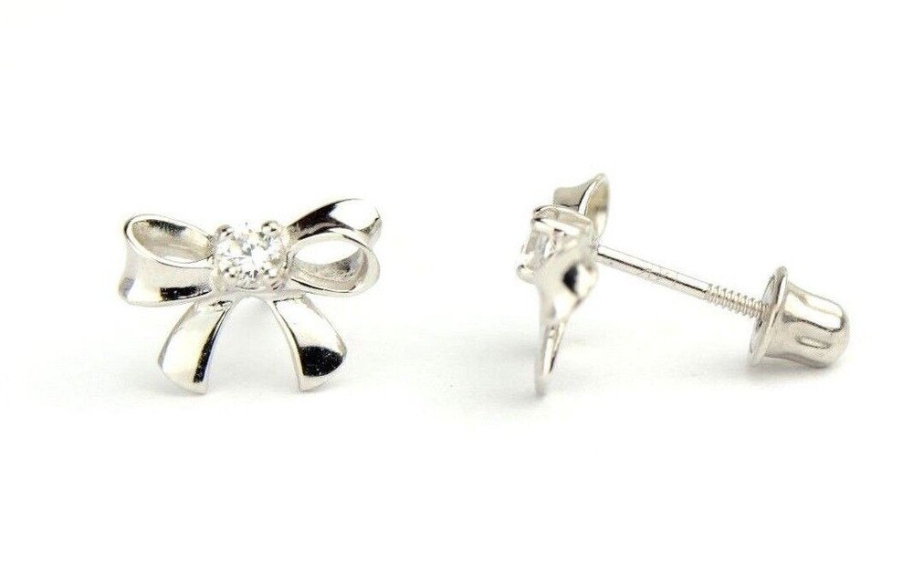 14k Solid White or Yellow Gold Bow Tie Stud Earrings with CZ