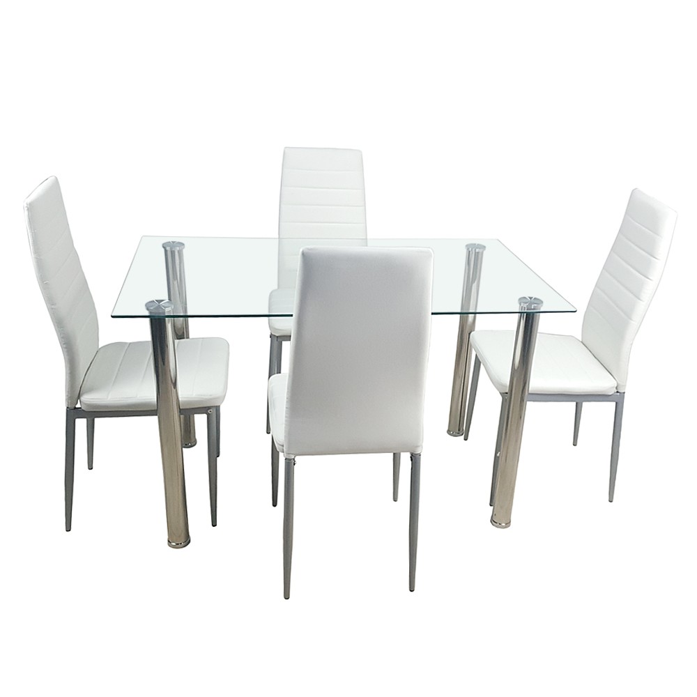 5pcs/set Dining Table Set Kitchen Tempered Glass Dining Table with 4Chairs White