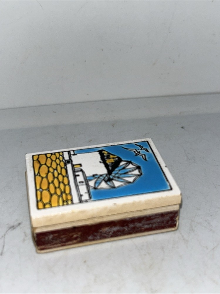 Vtg Glazed Ceramic Match Box Tile Top Greece 1.5x2”