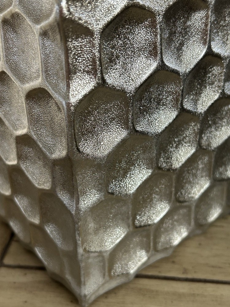 Honeycomb Tissue Box Cover Heavy Ceramic Metallic Silver Hammered Square