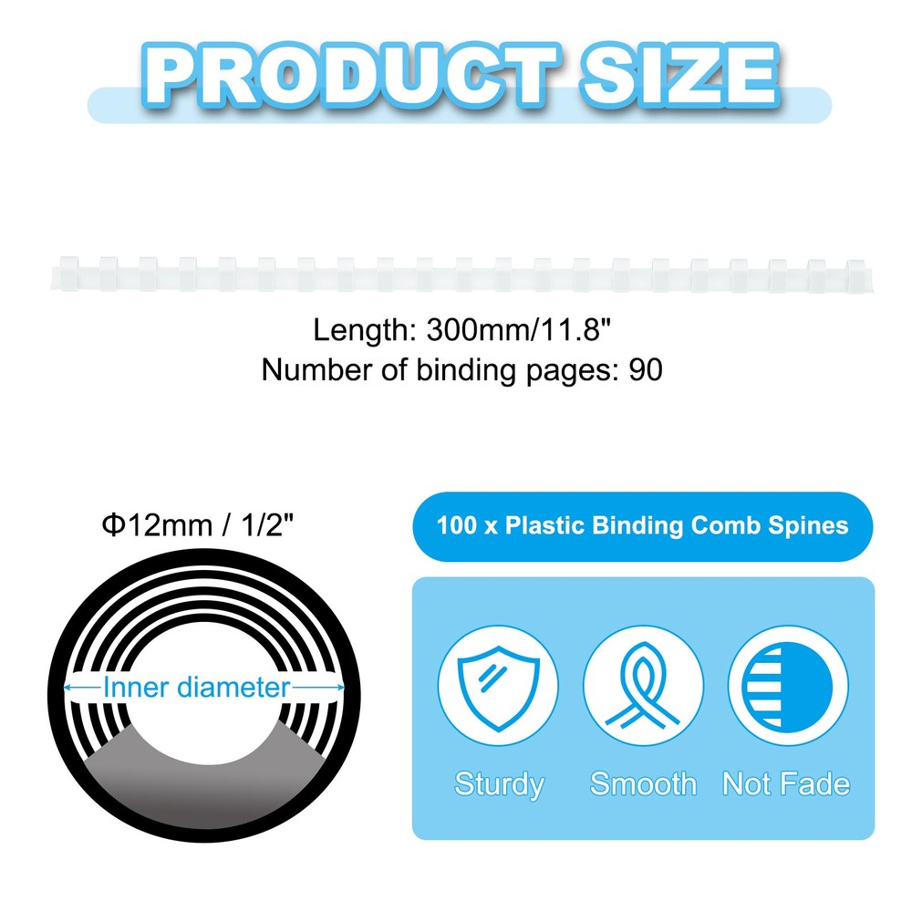 100Pcs 12mm (1/2") Plastic Binding Combs 90 Sheet Capacity 21 Rings, White
