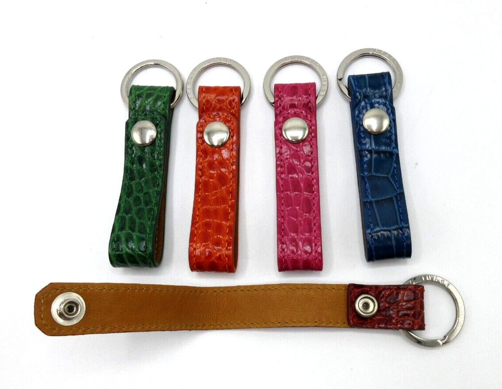 Key Ring on Leather Croc Embossed Strap w Snap Attachment Graphic Image BLUE