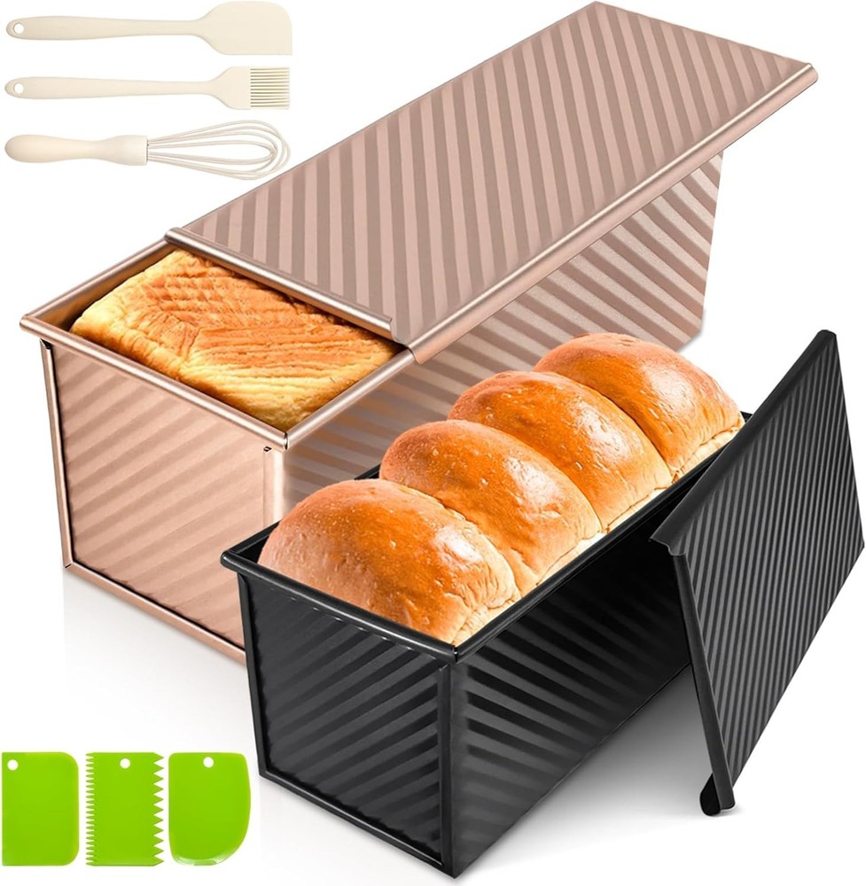 2Pack Pullman Loaf Pans with Lids 2.2 LB & 1 Dough Capacity Non-Stick Carbon