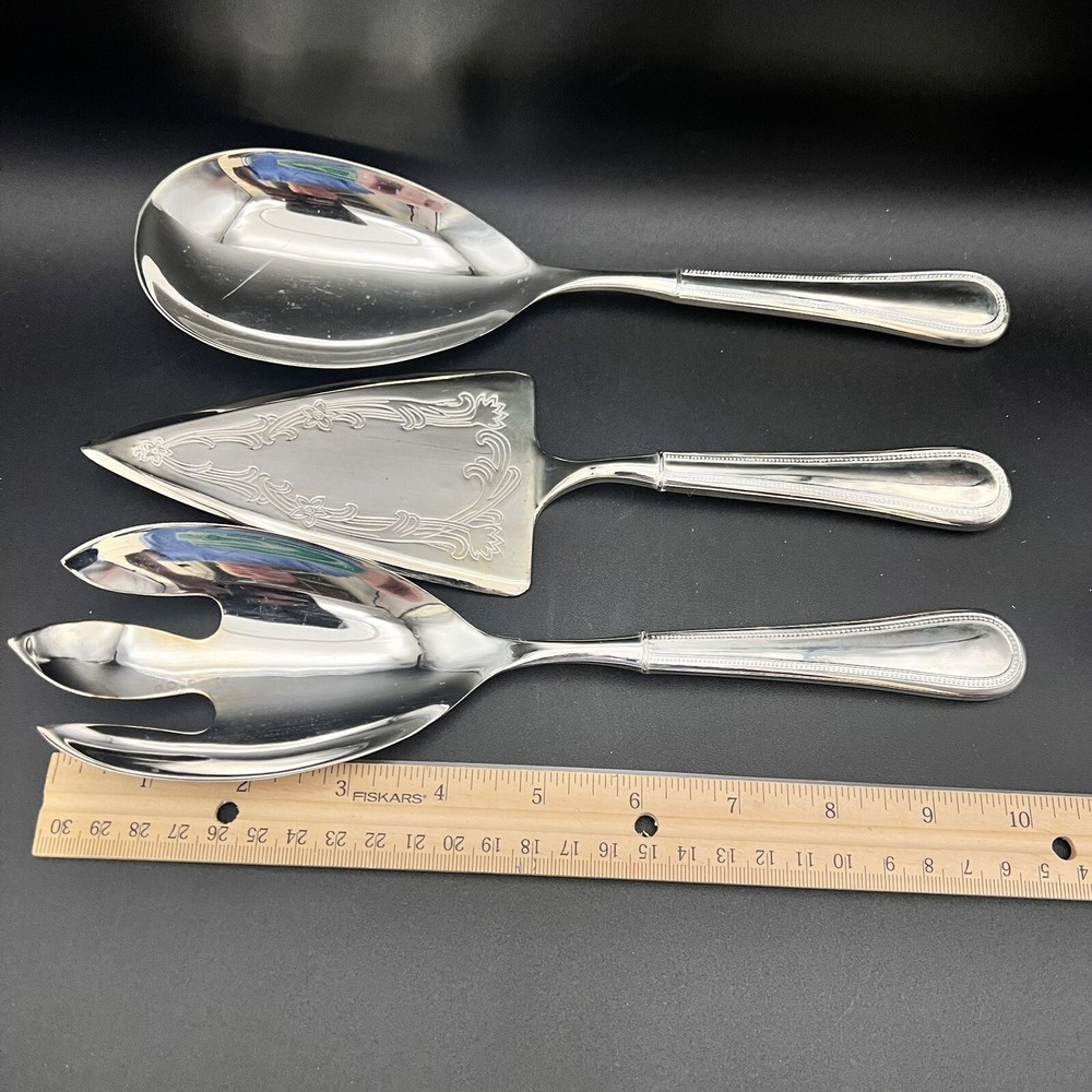 3 Towle Silversmiths Beaded Stainless Silver Serving Spoon Fork Pie Germany