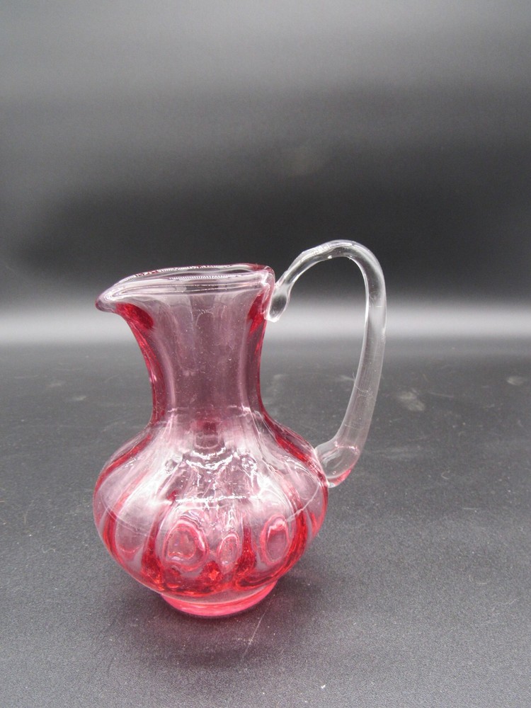 ART GLASS Cranberry Applied Handle Small Pitcher Unbranded Handblown