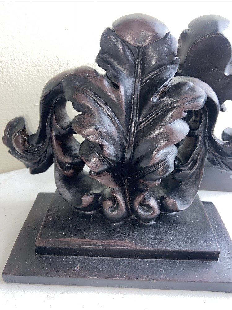Pair Floral Scroll Carved Resin Bookends Dark Brown/Black 9”x8” Solid Decor
