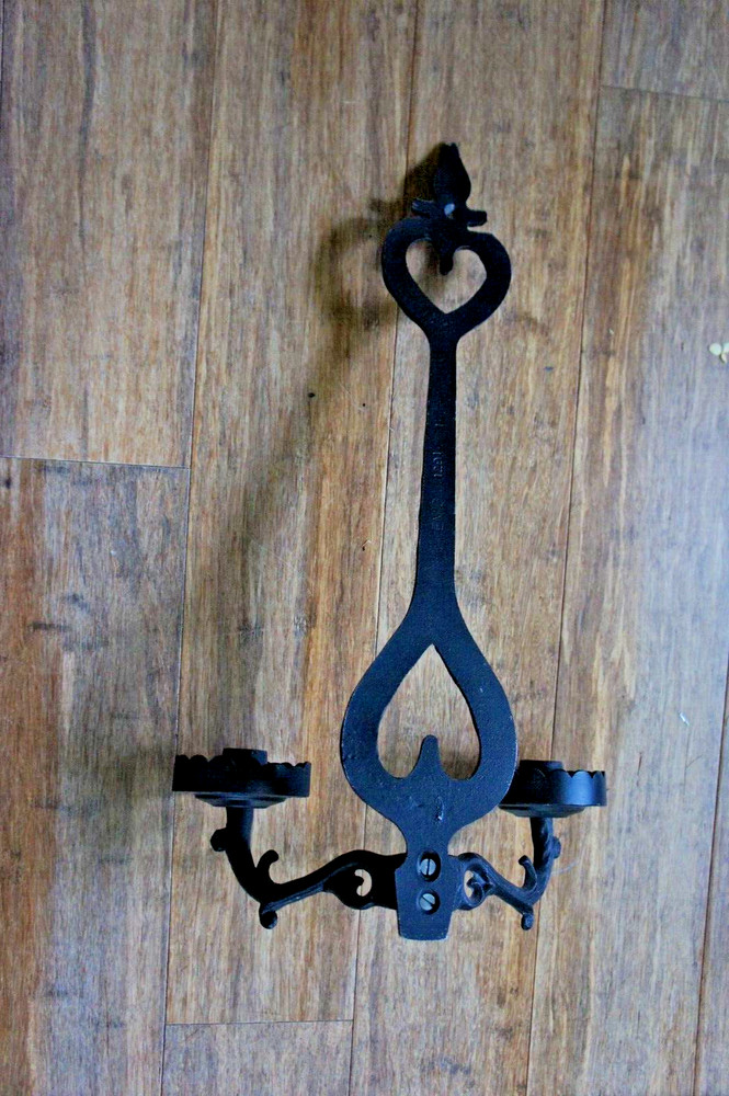 ROBERT EMIG Black Cast Iron Double Candle 20" Wall Scone GOTHIC KEYHOLE