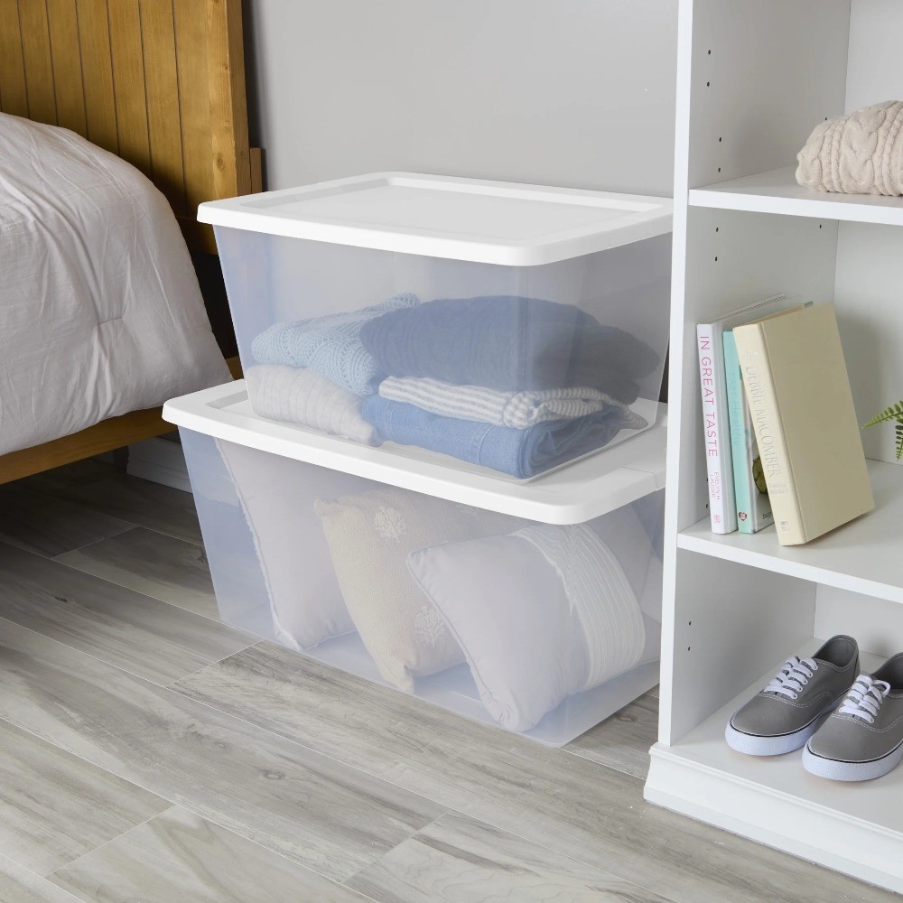 58 Quart Clear Plastic Storage Bin with Snap-On White Lid 2-Pack