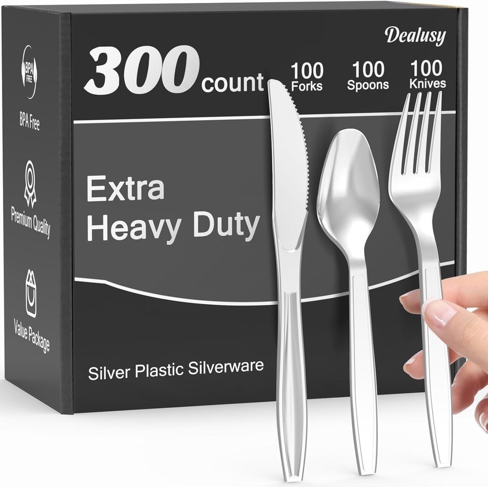300 Count Extra Heavy Duty Clear Plastic Silverware 100 Forks 100 Spoons