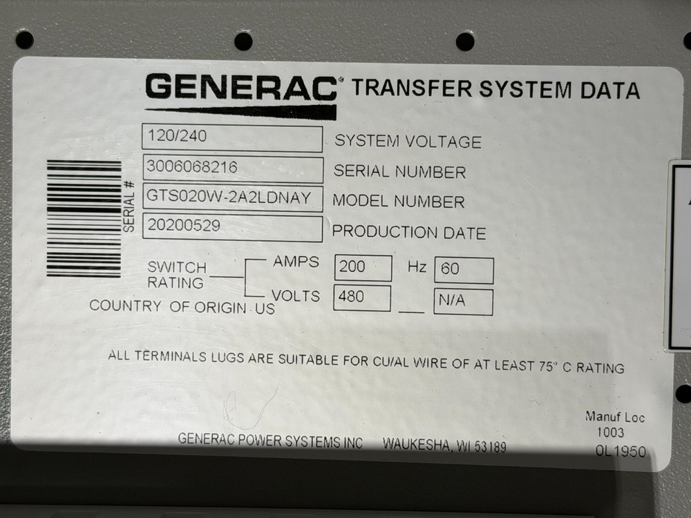 GENERAC Automatic Transfer Switch (ATS) | GTS020W-2A2LDNAY