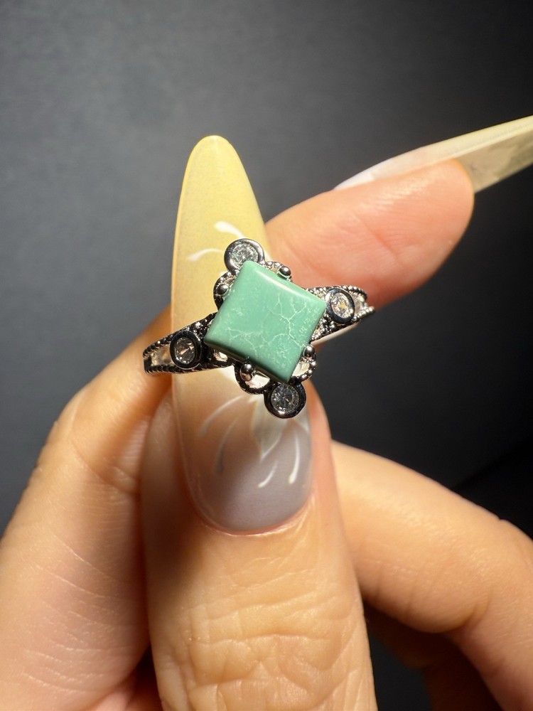Natural Hubei Turquoise Square Ring / Silver- plated/adjustable