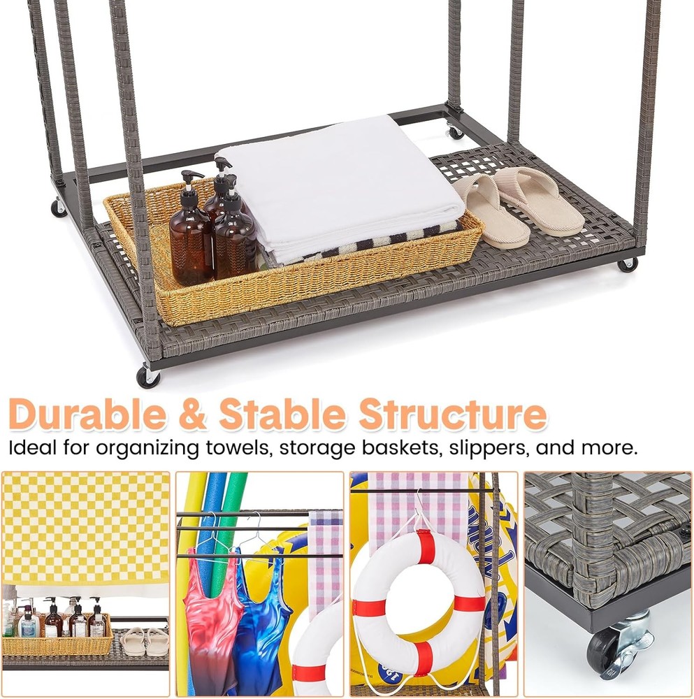 Freestanding Pool Towel Rack Multi-Functional Outdoor Storage Holder Rattan Base
