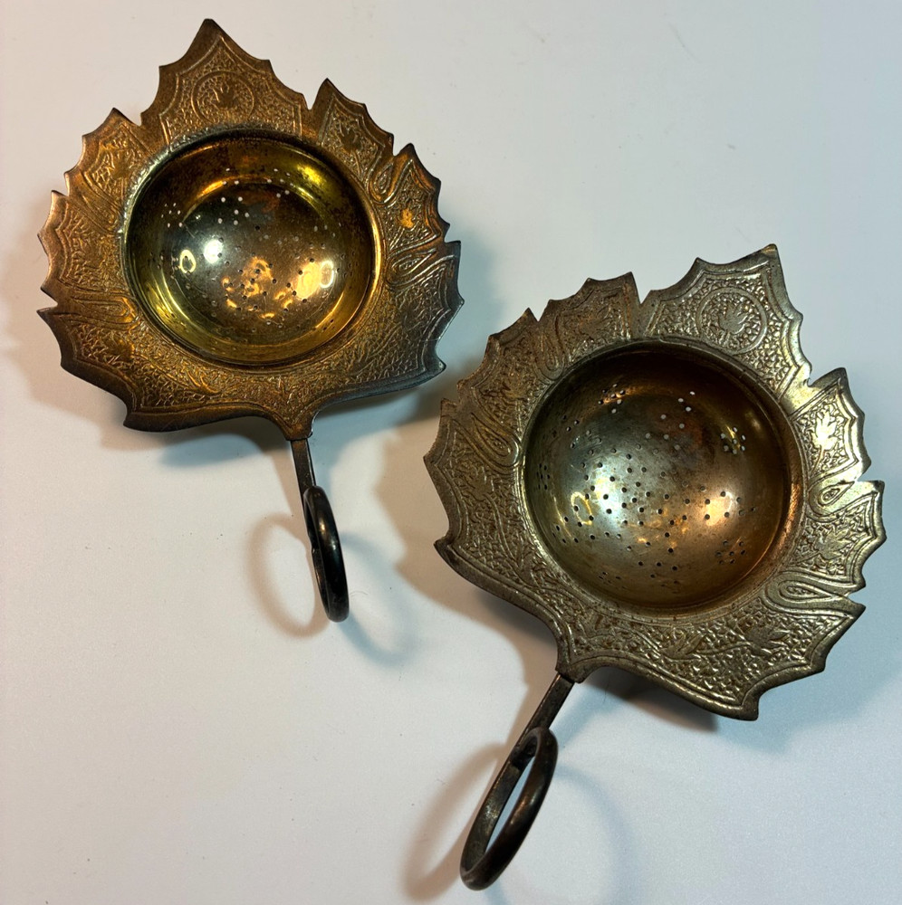 Vintage TWO Silverplate MAPLE LEAF TEA STRAINER Set Engraved Cup Pair Bombay Co