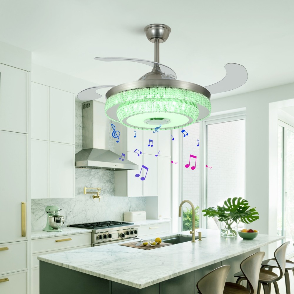 Bluetooth Crystal Ceiling Fan with Light – Retractable Blades, Dimmable LED