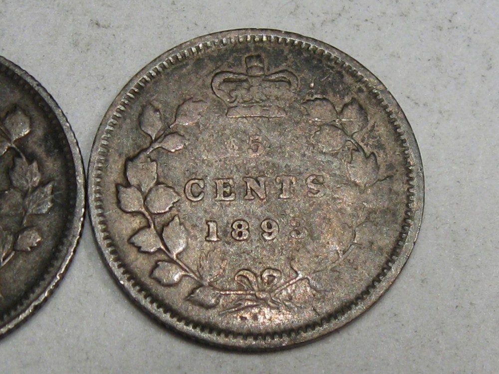 2 Silver 5¢ Cent CANADA - 1896 & 1893. #49