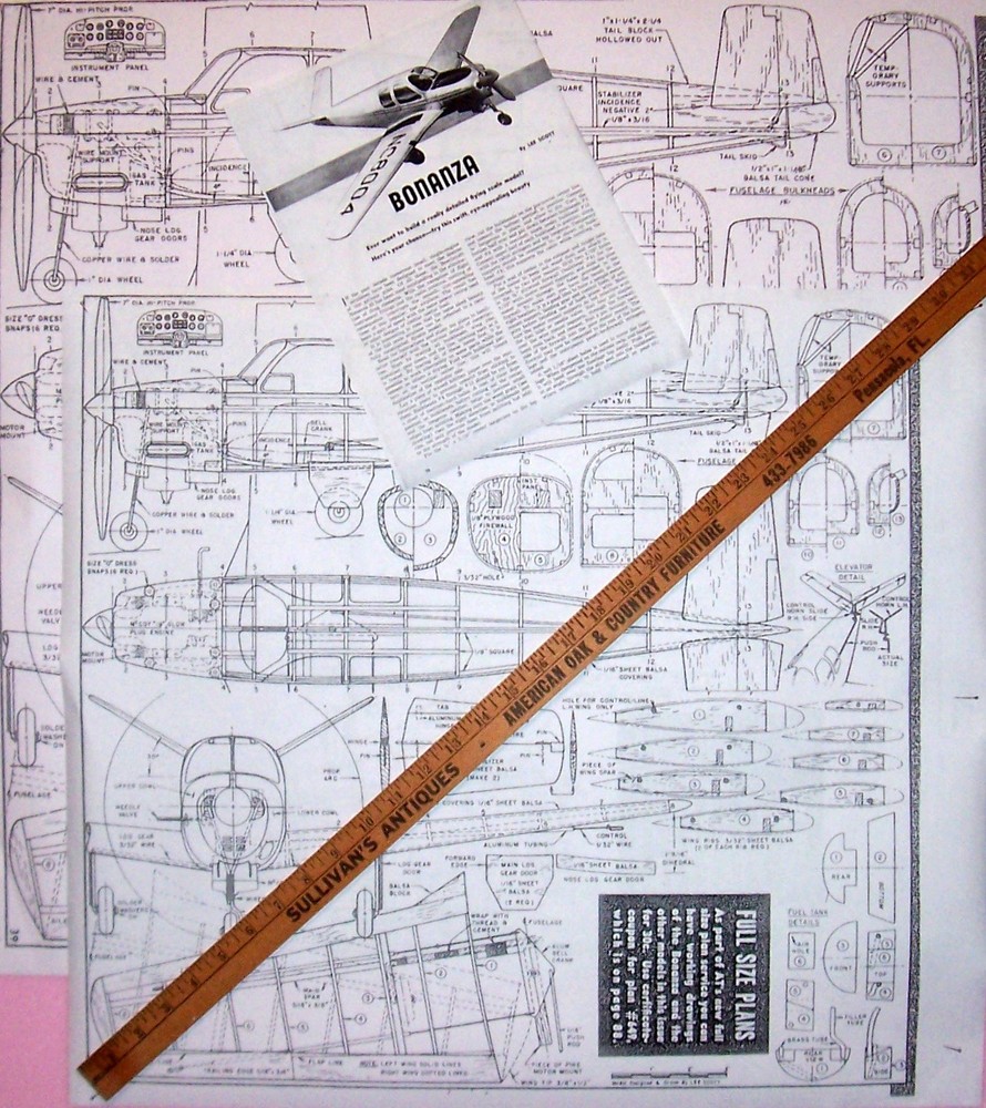 Two Sizes BEECH BONANZA V-TAIL PLANS & CONSTRUCTION ARTICLE for UC Model Planes