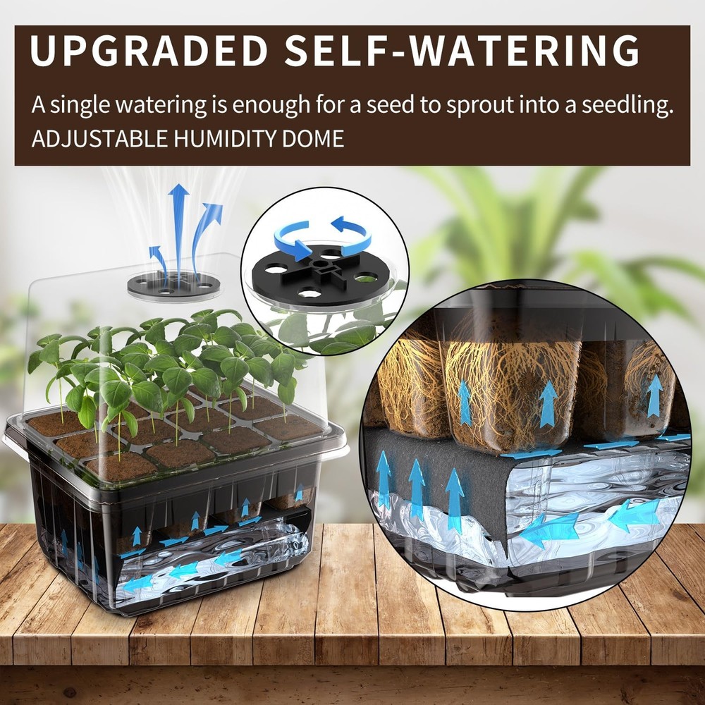 Seed Starter Trays Self-Watering - Kit with Humidity Dome, 5-Pack 60-Cell Pla...