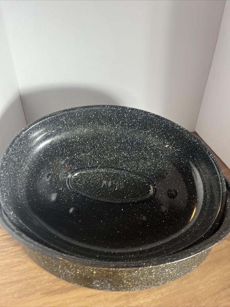 Black Speckled Enamelware Roaster Roasting Pan 12x16 - Good Cond.