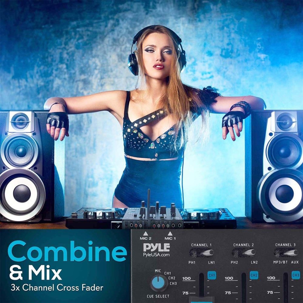 Pyle Wireless DJ Audio Mixer - 3 Channel Bluetooth Compatible DJ Controller S...