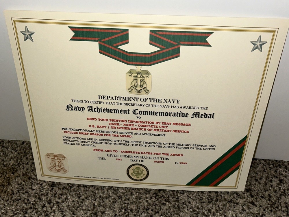 U.S. NAVY ACHIEVEMENT MEDAL COMMEMORATIVE CERTIFICATE ~ TYPE-2 / W/PRINTING