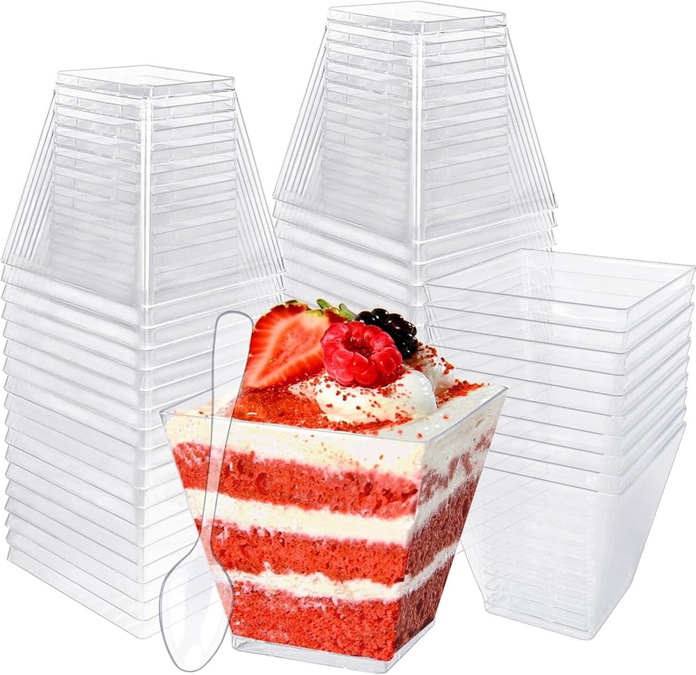 50 Pack Square Dessert Cups with Spoons Plastic Disposable Plastic Cups 3.5 Oz