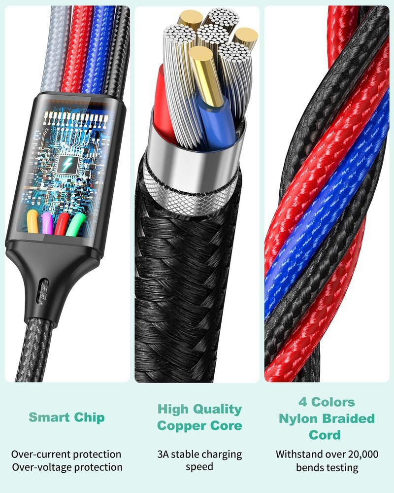 Multi Charging Cable (3Pack 6FT) 4 in 1 USB for 6FT, Black