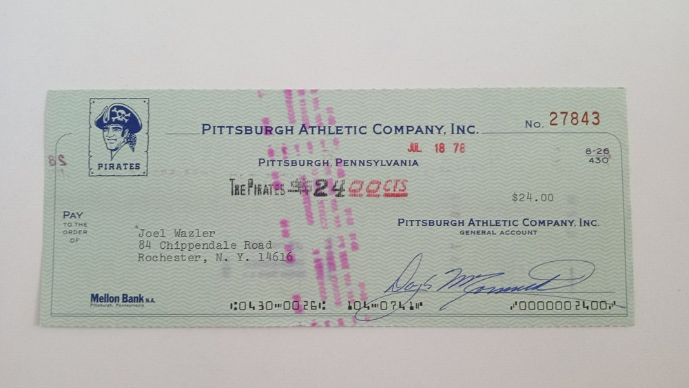 Joel Wazler: 1978 Pittsburgh Pirates Expense Check