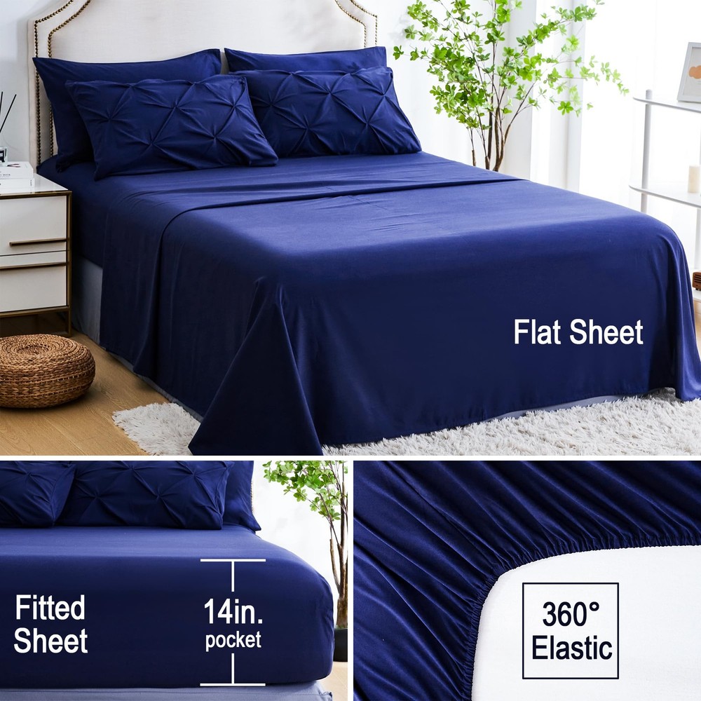 Ubauba King Comforter Set 7 Piece Navy Blue Pinch Pleating Sheets