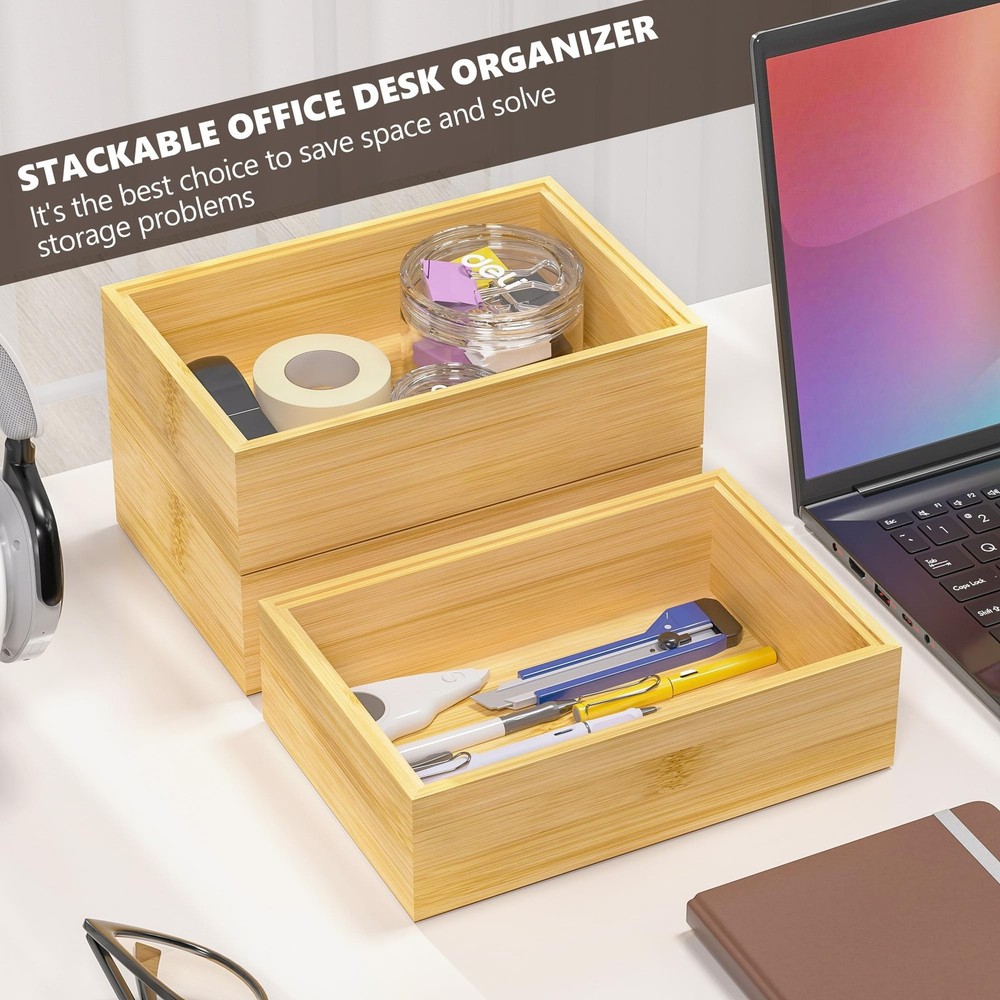 Kitchen Drawer Organizer Bins, Stackable Bamboo Drawer Organizer for Silverwa...