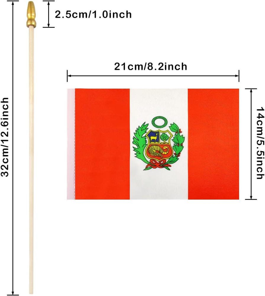 Peru Small Flag Peruvian Stick Mini Hand Held Flags - Solid Wooden Pole with Spe