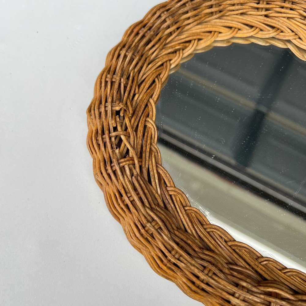Wicker Hand Woven Boho Handheld Hanging Loop Vanity/Bathroom Mirror Vintage 1970