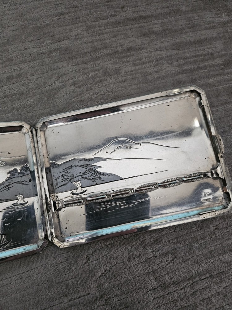 Beautiful 950 Solid Silver Japanese Niello Cigarette Case Signed & 950 Silver