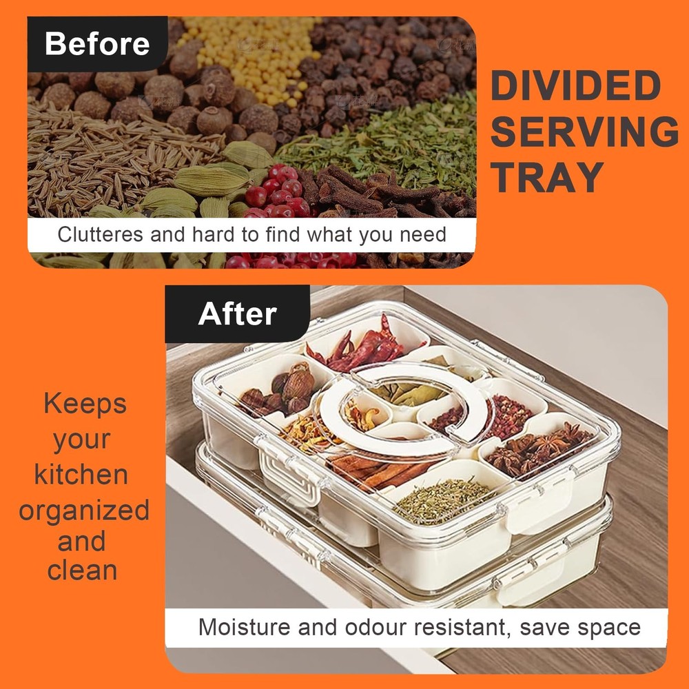 Snackle Box Container, Divided Serving Tray with Lid 8 Compartments, white