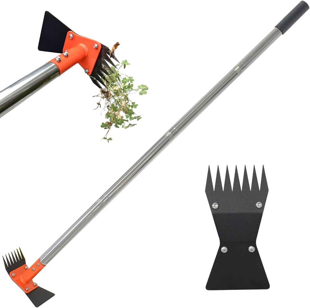 2-in-1 Garden Hoe and Weed Puller Rake,60'' Adjustable Long Handle Weeding Tool