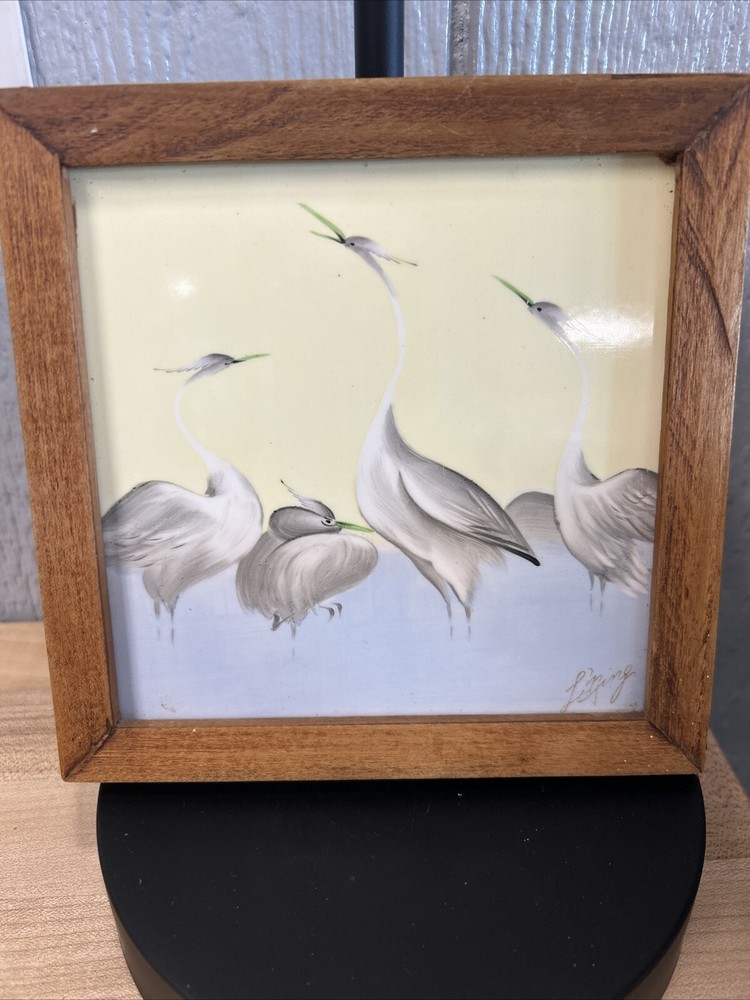Vintage Art Tile Framed Signed Hand-Painted Cranes
