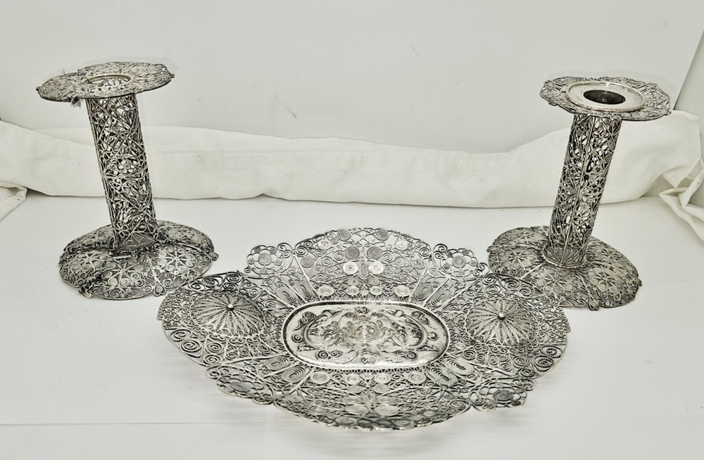 ANTIQUE CHINESE EXPORT SPUN STERLING SILVER CANDY DISH & CANDLESTICKS SET