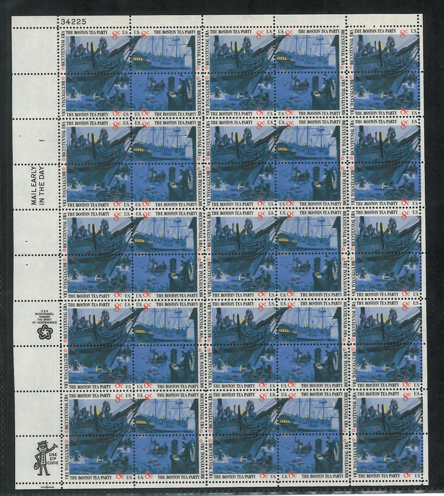 1973 US SC 1483 Boston Tea Party Full Sheet EFO, Black Shift Error - MNH Mint