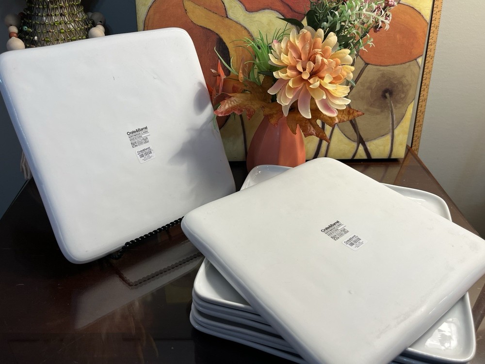 4 Crate & Barrel Dinner Plates Mercer White Square Hammered (2 Sets Available)