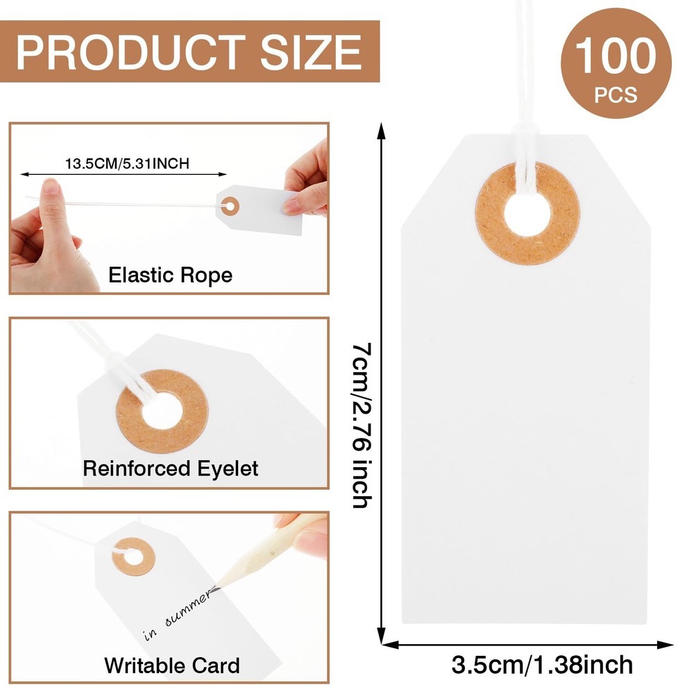 100 Pcs Large White Price Tags with String Attached, Paper String Tags for Prici