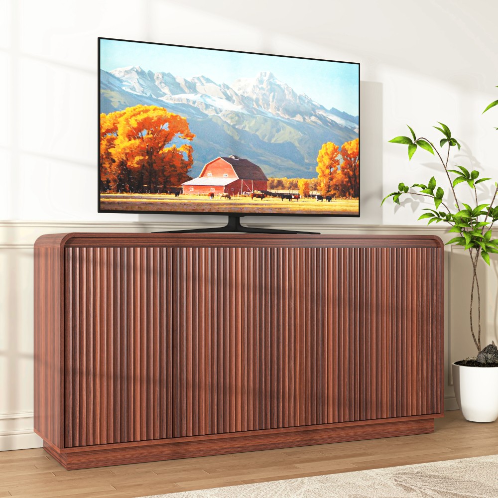 Walnut TV Stand with Power Outlet, Adjustable Storage, Fluted Handleless